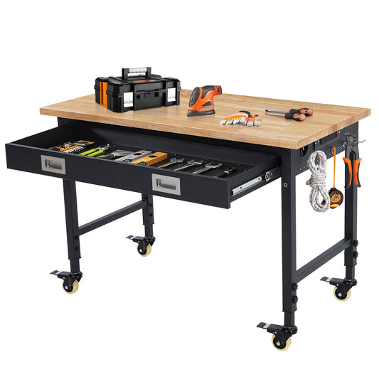 GarveeTech Adjustable Workbench for Garage, 48" Rubber Wood Top Workbench with Drawer Storage, 2000 LBS Load Capacity, Heavy Duty Workstation with Power Outlets & Wheels, Tool Storage Bench W - WoodArtSupply