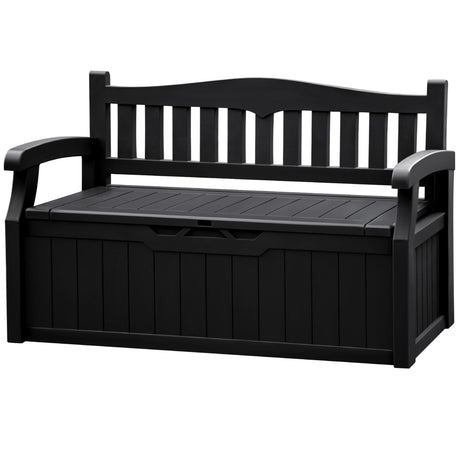 JUMMICO 80 Gallon Resin Outdoor Storage Bench, Large Deck Box with Armrest, Lockable & Waterproof for Garden, Home, Patio, Pools (Black) JUMMICO