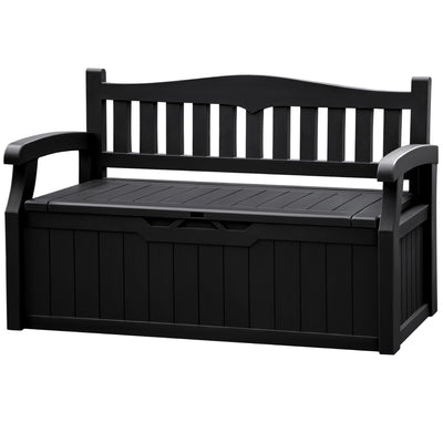 JUMMICO 80 Gallon Resin Outdoor Storage Bench, Large Deck Box with Armrest, Lockable & Waterproof for Garden, Home, Patio, Pools (Black)