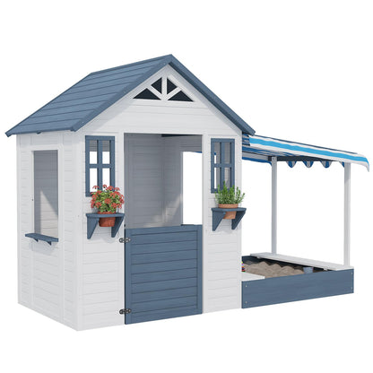 BIRASIL Kids Playhouse with Sandbox, Wooden Outdoor Cottage Play House with Sand Pit for Backyard Garden Ages 3 to 10 Years Old (Blue/White) - WoodArtSupply