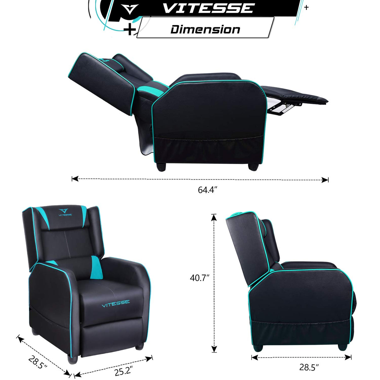 VIT Gaming Recliner Chair Racing Style Single PU Leather Sofa Modern Living Room Recliners Ergonomic Comfortable Home Theater Seating, Teal VITESSE