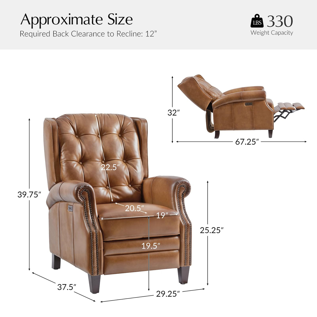 HULALA HOME Power Genuine Leather Recliner Chair with Charging, Rivet Decor Comfy Single Sofa, Solid Wood Legs, Tufted Home Theater Seating for Living Room, Camel HULALA HOME