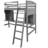 Merax Twin Size Grey Loft Bed with Desk and Shelves - Solid Pine Wood Frame Merax