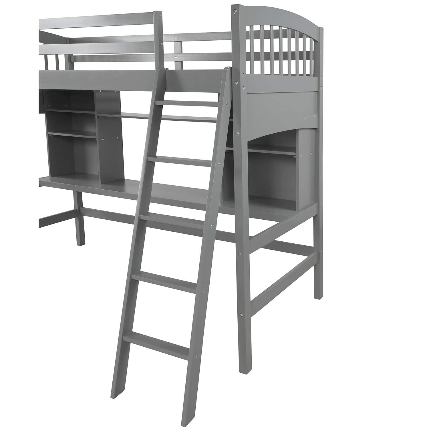 Merax Twin Size Grey Loft Bed with Desk and Shelves - Solid Pine Wood Frame - WoodArtSupply