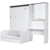Merax Farmhouse Multi-Functional Murphy Bed with Sofa, Desk & Storage Cabinet,Solid Wood Foldable Wall Bed/Space Saving/No Box Spring Needed/Full,White + Gray Merax