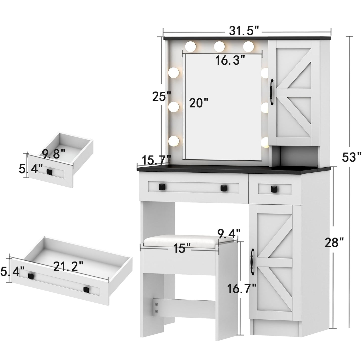 wanan 31.5" Makeup Vanity Desk with Mirror and Light, Farmhouse Vanity with 2 Drawer&Power Outlet, 3 Color Lighting Modes, Bedroom Vanity Desk for Girls, Women