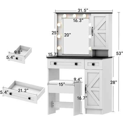 wanan 31.5" Makeup Vanity Desk with Mirror and Light, Farmhouse Vanity with 2 Drawer&Power Outlet, 3 Color Lighting Modes, Bedroom Vanity Desk for Girls, Women