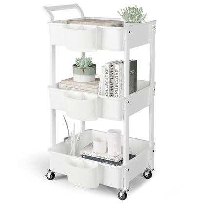 3-Tier Utility Rolling Cart,Mobile Utility Cart with Lockable Caster Wheels,Storage Shelves Organizer Cart, 3 Hanging Baskets, Easy Assembly,for Bathroom, Kitchen, Office, Workshop,White