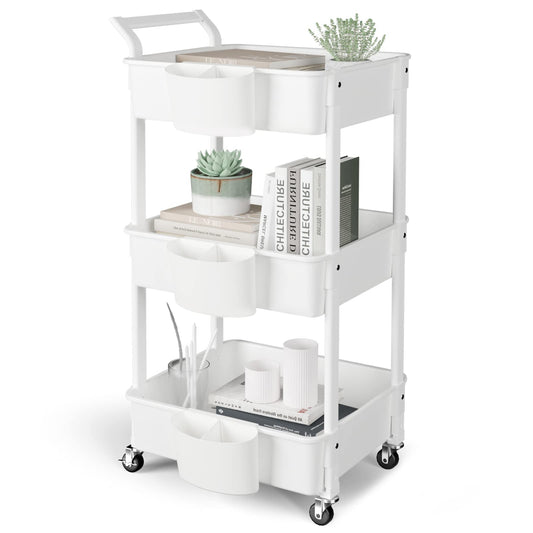 3-Tier Utility Rolling Cart,Mobile Utility Cart with Lockable Caster Wheels,Storage Shelves Organizer Cart, 3 Hanging Baskets, Easy Assembly,for Bathroom, Kitchen, Office, Workshop,White