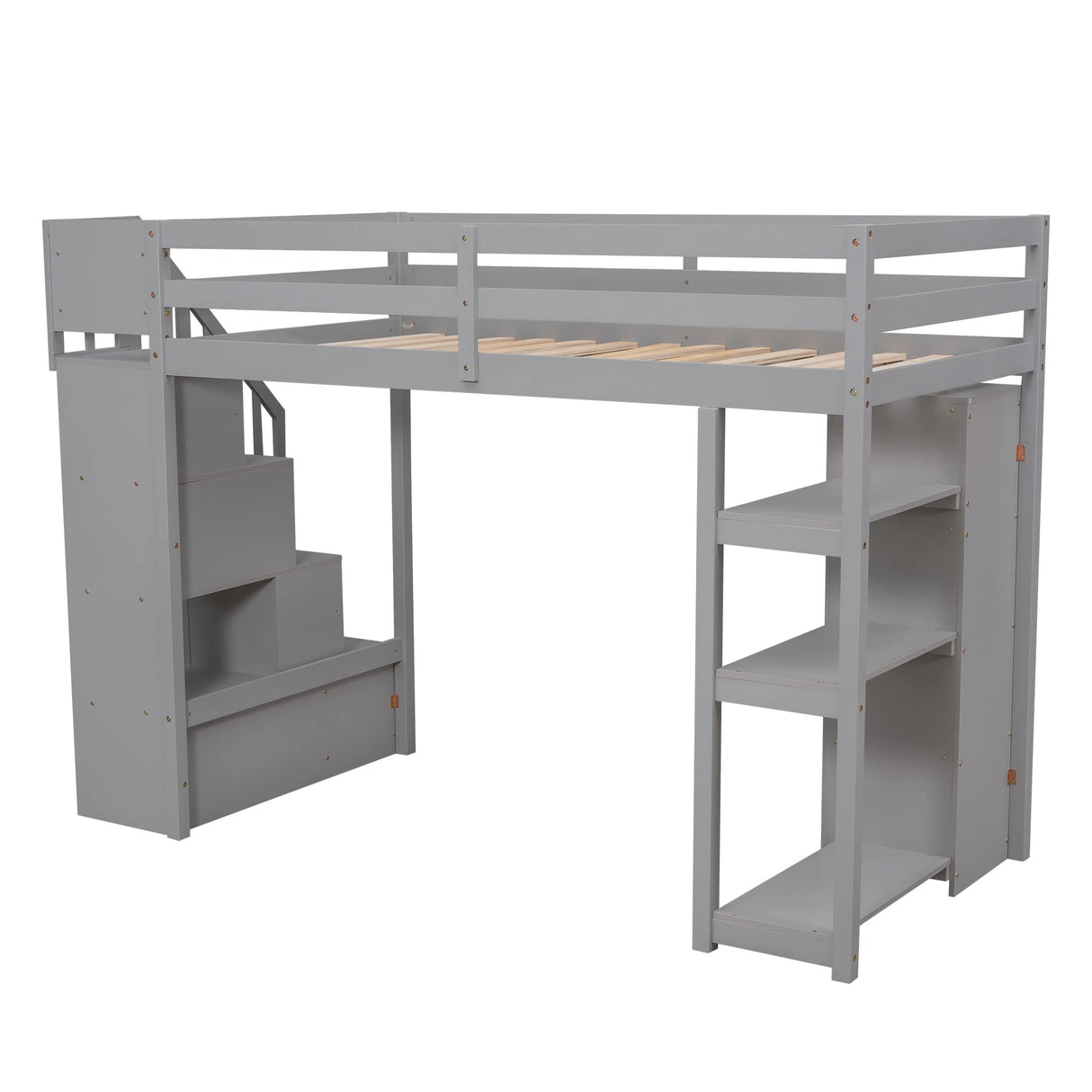 Bellemave Modern Twin Loft Bed with Stairs, Storage Drawers, and Shelves in Grey Bellemave
