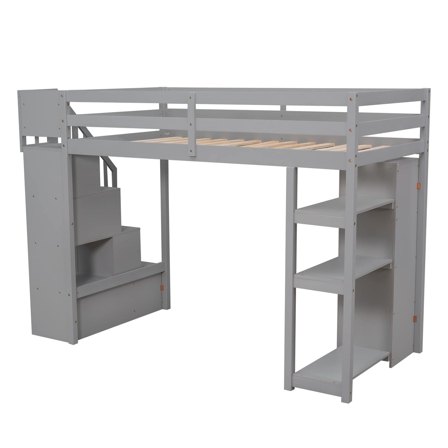 Bellemave Modern Twin Loft Bed with Stairs, Storage Drawers, and Shelves in Grey - WoodArtSupply