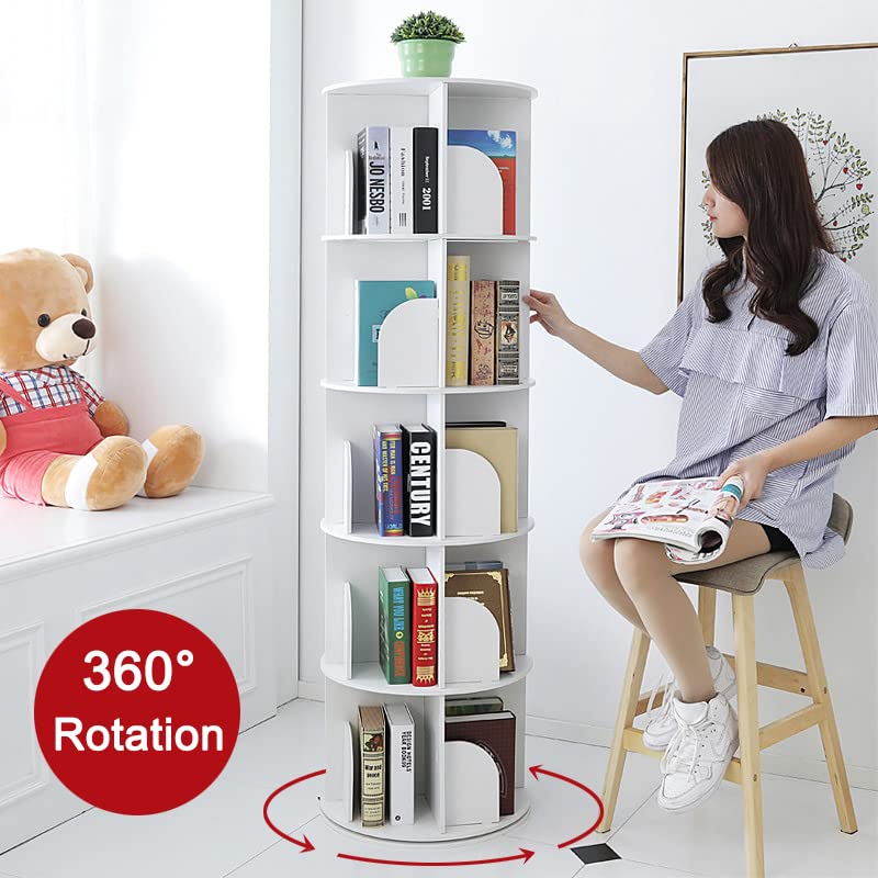 Modern 5-Tier Rotating Bookshelf - 360° Revolving Storage Rack for Home & Office - White foriy