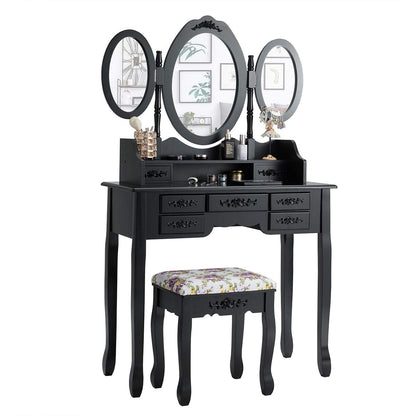 CHARMAID Vanity Set with Tri-Folding Mirror and Cushioned Stool, Dressing Table with 7 Drawers and a Shelf, Makeup Table Writing Desk with Removable Top, Makeup Vanity Set for Women Girls (Black)