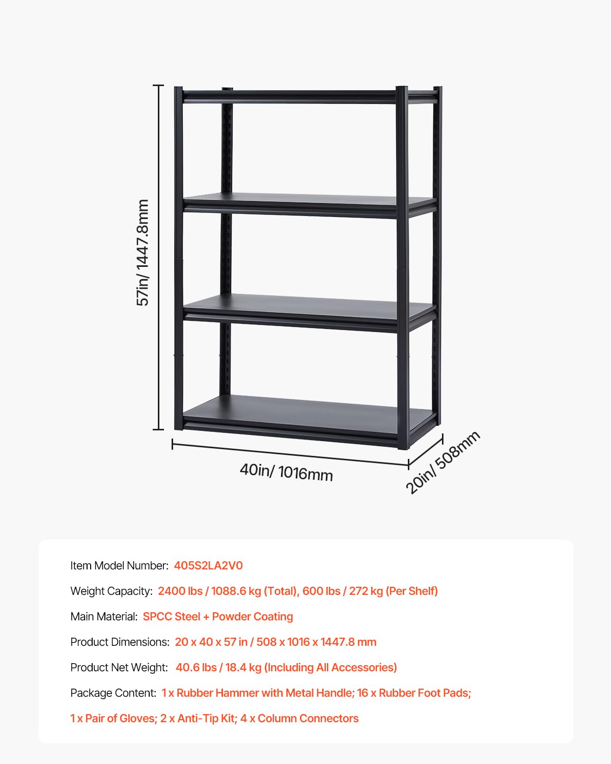 VEVOR Storage Shelves, 2400 lbs, 4 Tier Garage Storage Shelving, 20" D x 40" W x 57" H Adjustable Metal Shelves for Garage Shelves Utility Rack Shelf, Ideal for Kitchen, Warehouse, Basement, Black VEVOR