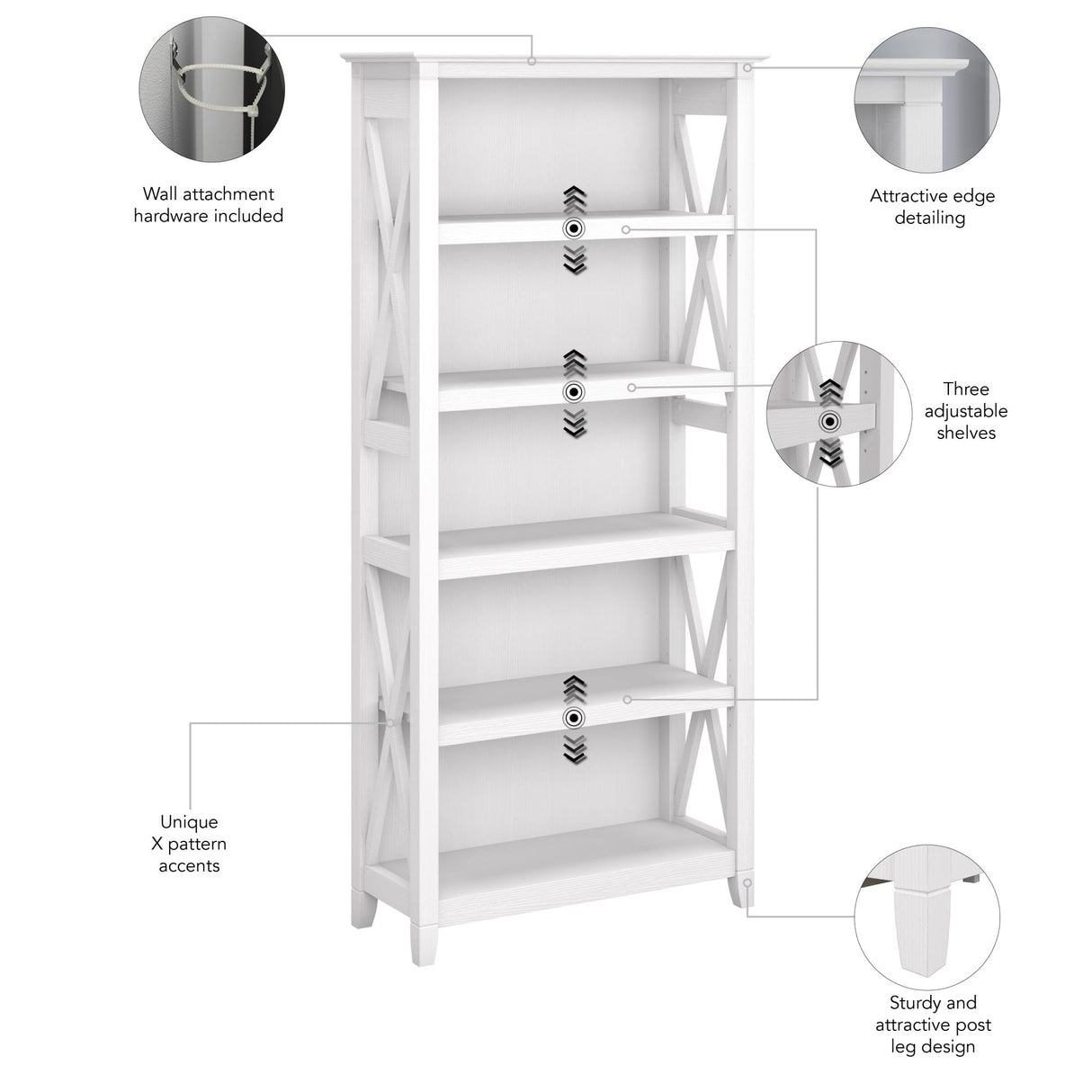 Bush Business Furniture Key West 5-Shelf Bookcase in Pure White Oak with Adjustable Shelves Bush Business Furniture