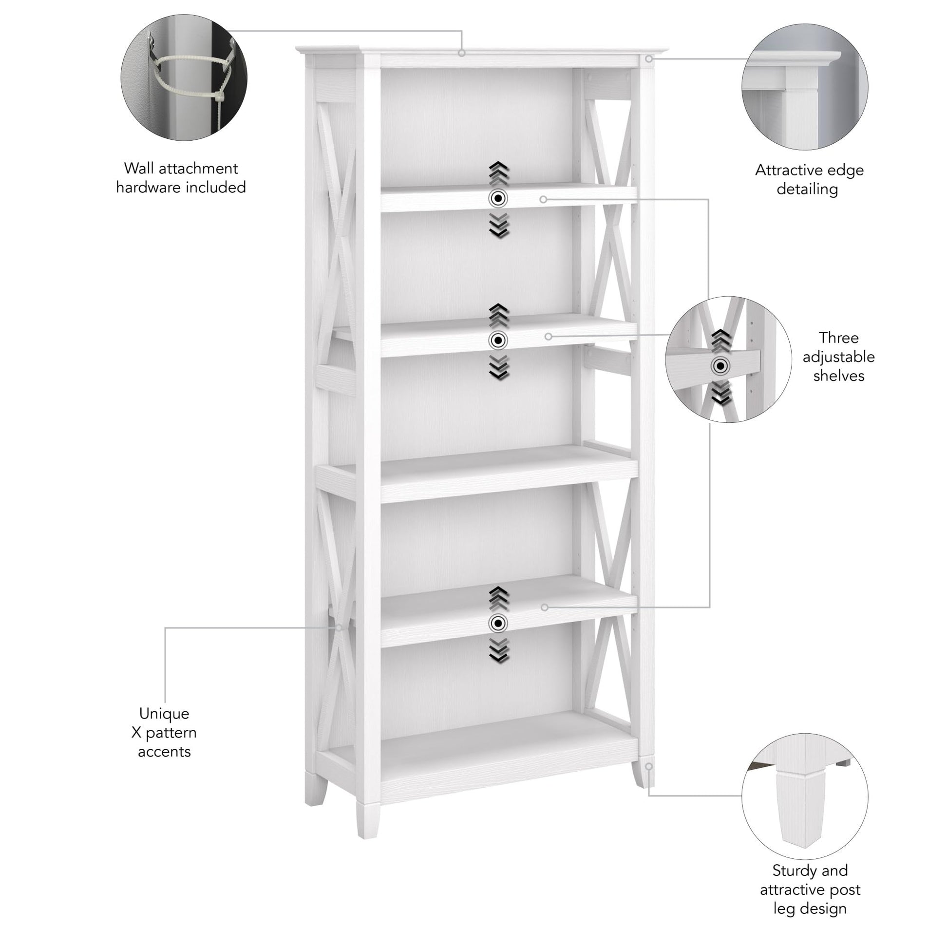 Bush Business Furniture Key West 5-Shelf Bookcase in Pure White Oak with Adjustable Shelves - WoodArtSupply