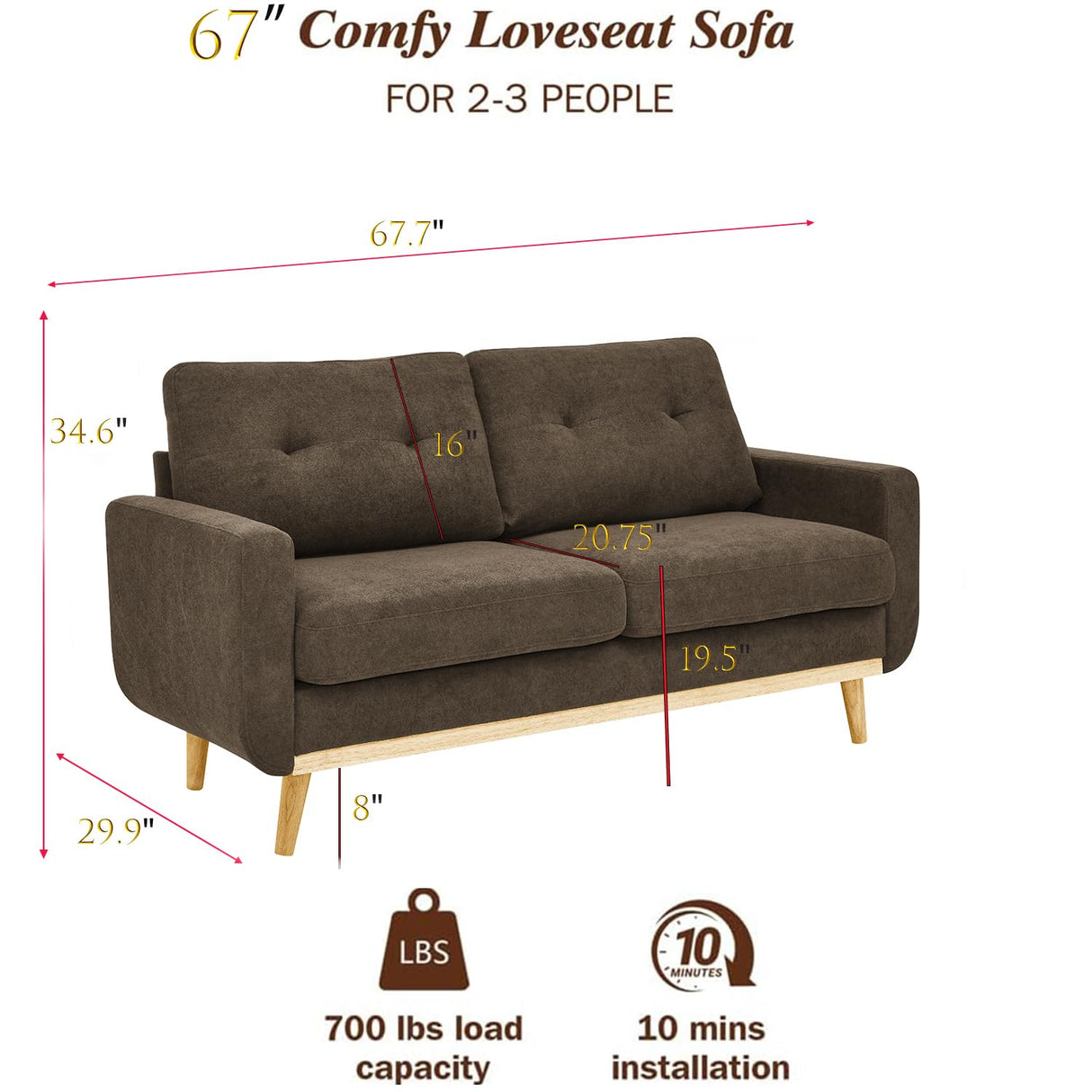 65" W Brown Loveseat Sofa, Mid Century Modern Love Seat Couches for Living Room, Button Tufted Upholstered Small Couch for Bedroom, Solid Wood Legs and Easy to Install Love Seats Furniture (Brown) Klwenas Maec
