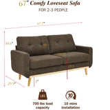 65" W Brown Loveseat Sofa, Mid Century Modern Love Seat Couches for Living Room, Button Tufted Upholstered Small Couch for Bedroom, Solid Wood Legs and Easy to Install Love Seats Furniture (Brown) Klwenas Maec