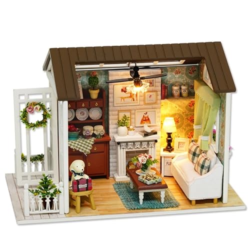 DIY Miniature Dollhouse Kits - Wooden Mini Model House with LED Lights, Tiny Furniture & Accessories – Craft Building Kits for Adults – Birthday Christmas Valentine's Gift- Happy Time