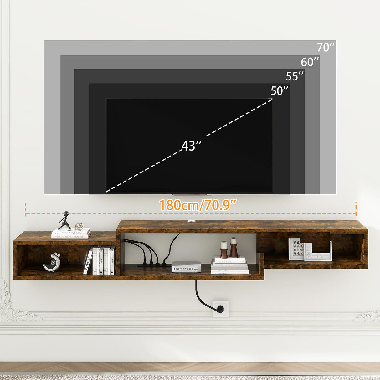 IBUYKE 71" Floating TV Stand Wall Mounted with Power Outlet,Wood Wall Mounted Media Console Shelf,Floating Entertainment Center for Under TV Storage for Living Room Bedroom Office,Rustic Brown WST008H IBUYKE