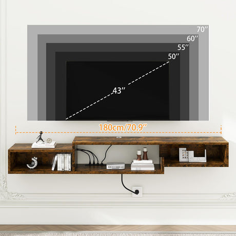 IBUYKE 71" Floating TV Stand Wall Mounted with Power Outlet,Wood Wall Mounted Media Console Shelf,Floating Entertainment Center for Under TV Storage for Living Room Bedroom Office,Rustic Brown WST008H IBUYKE