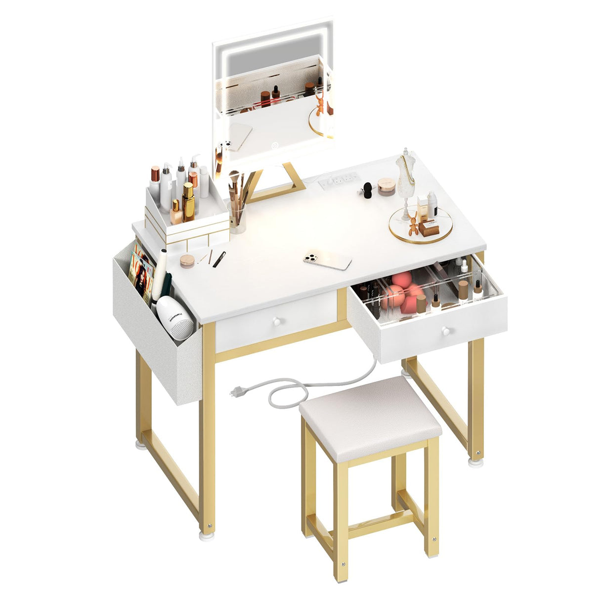 Lufeiya Small Makeup Vanity Desk with Fabric Drawers, 32 inch White Vanity Desks with Mirror and Light, Dressing Table and Chair Set with Power Outlet for Girls Bedroom, White Gold Lufeiya