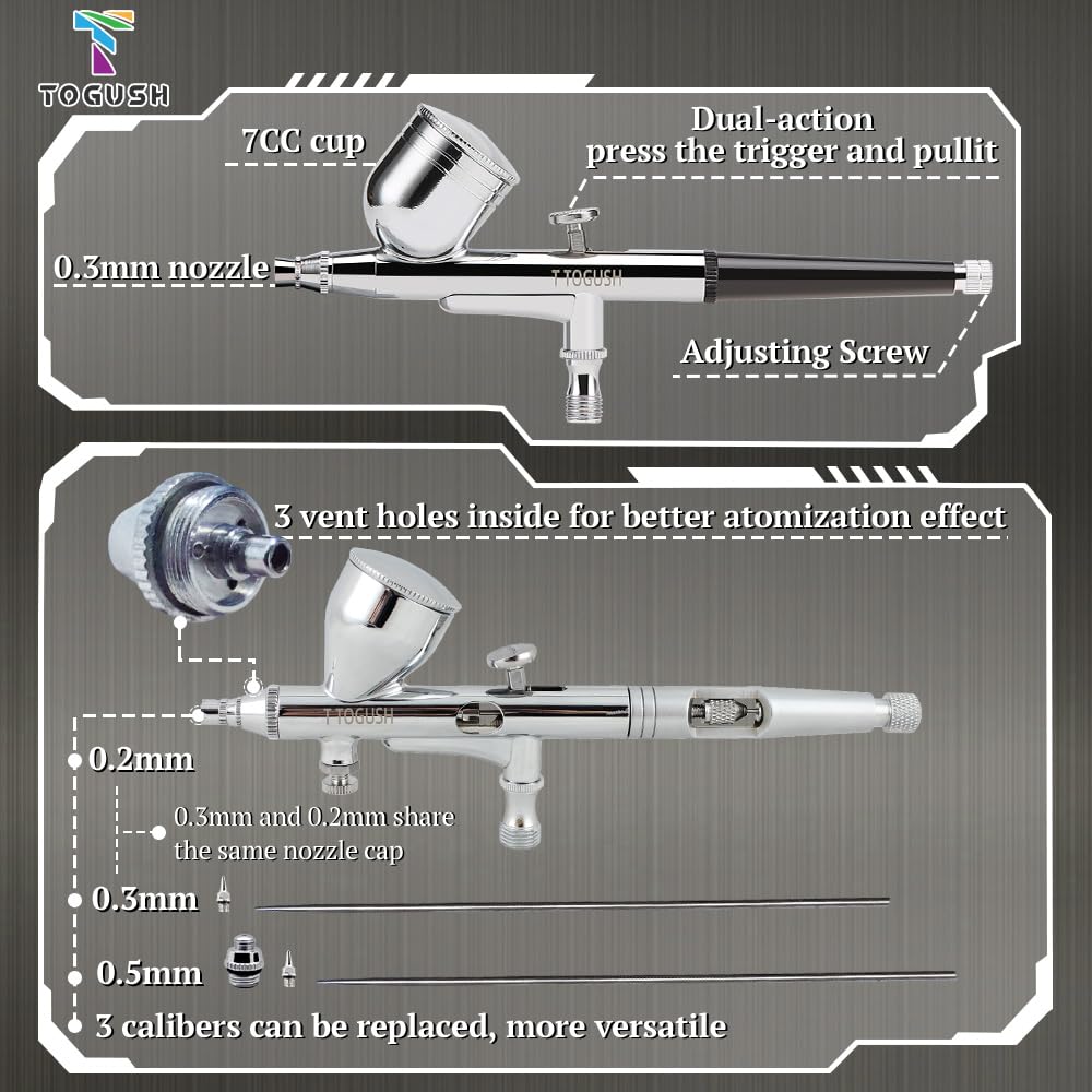 T TOGUSH Airbrush Kit with Air Tank Compressor 2 Dual-Action Gravity Airbrush with 0.2mm 0.3mm 0.5mm Nozzle Air Compressor with Airbrush Coloring Tool Cleaning Brush for Model Paint Hobby Craft T TOGUSH