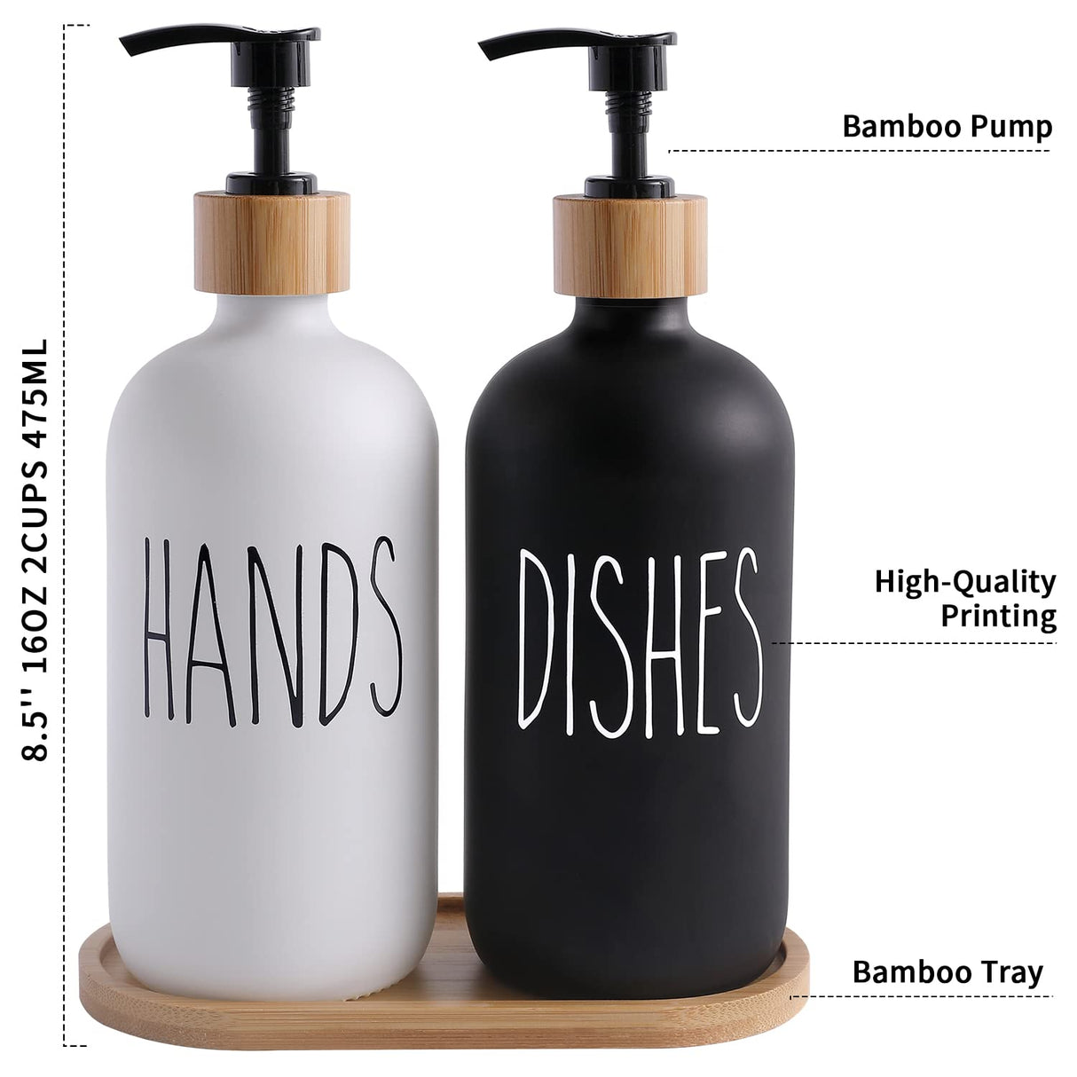 MOMEEMO Glass Soap Dispenser Set, Contains Hand Soap Dispenser and Dish Soap Dispenser, Suitable for Black and White Kitchen Decor. (Black & White) MOMEEMO