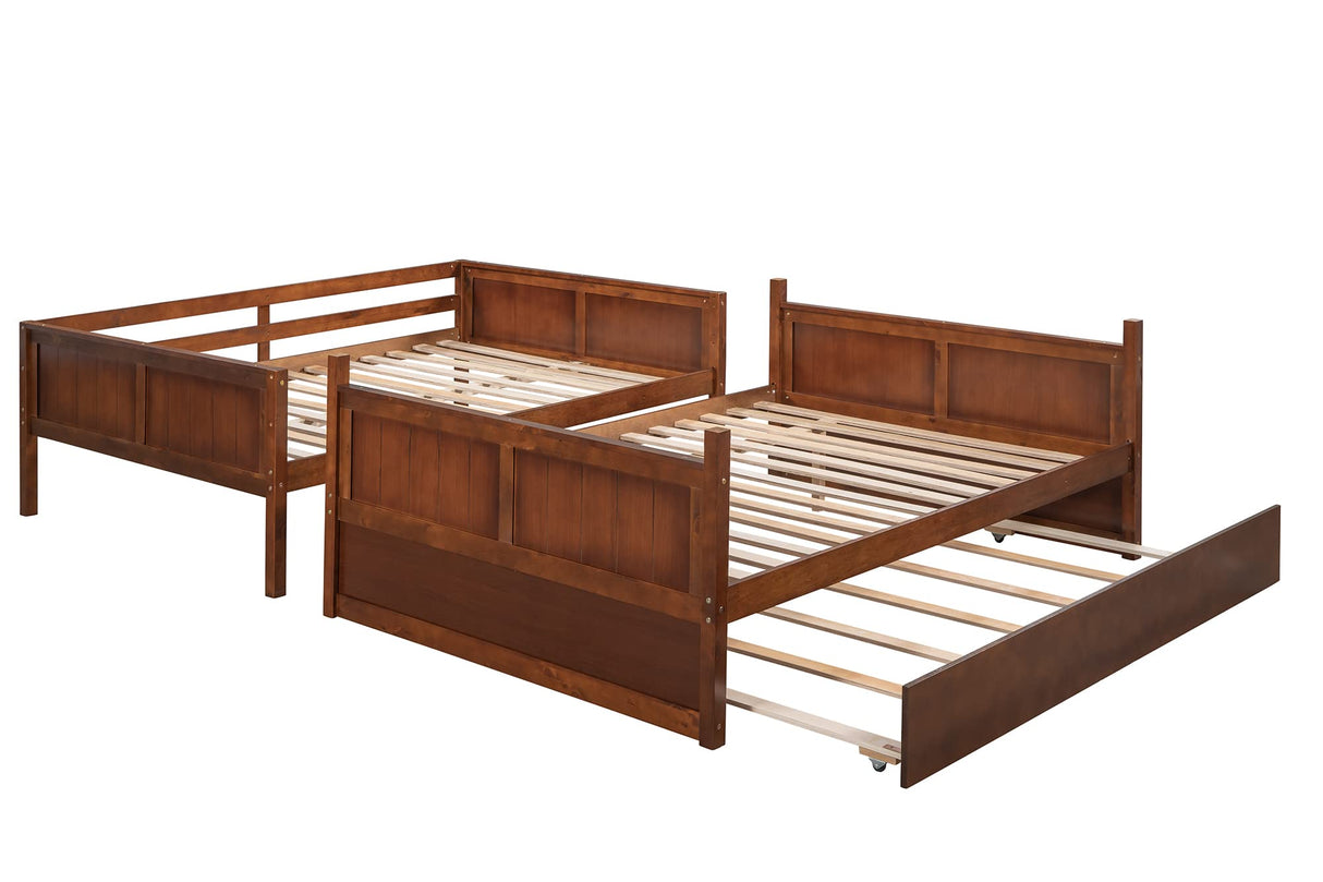Merax Bunk Bed with Trundle, Full-Over-Full Wood Bed Frame No Box Spring Needed for Kids, Boys or Girls, Walnut Merax