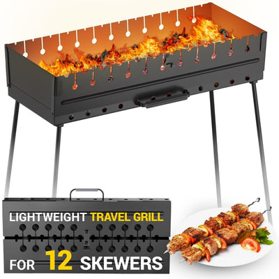 Charcoal Grill for 12 Skewers - Portable Barbecue Camp Grills - Mangal Schaschlik Foldable Metal Mangal - Kebab Shish BBQ for EDC Picnic Outdoor Cooking Camping Hiking NB12