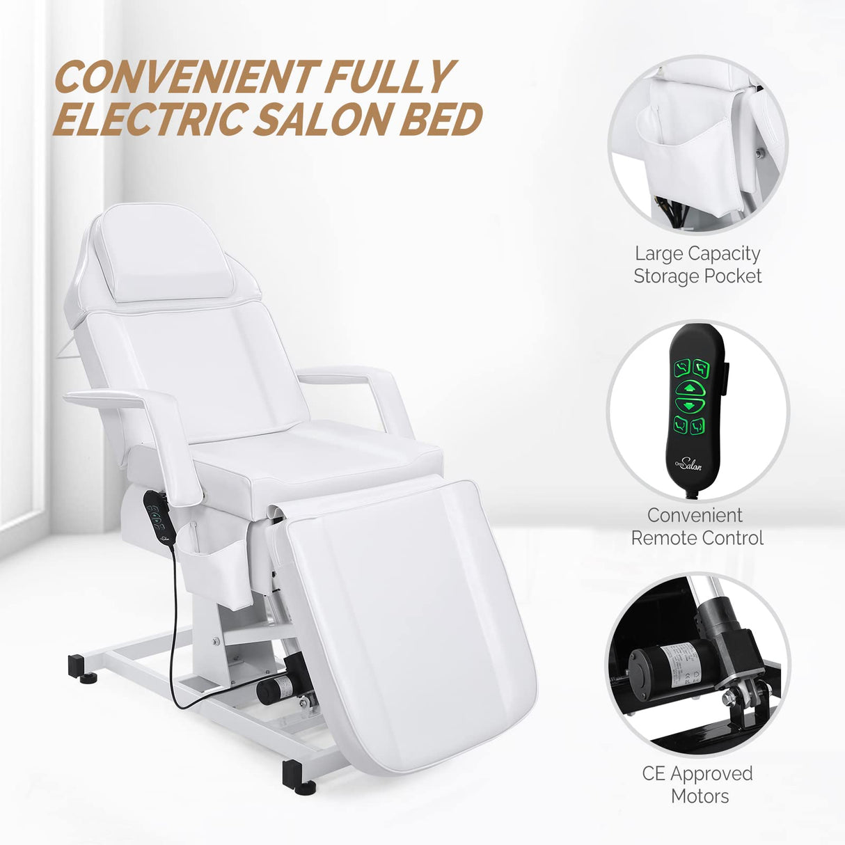 OmySalon Fully Electric Salon Facial Bed Chair, Multi-Purpose Massage Tattoo Lash Waxing Table, Height Backrest Footrest Adjustable, for Beauty Barber Spa (White) OmySalon