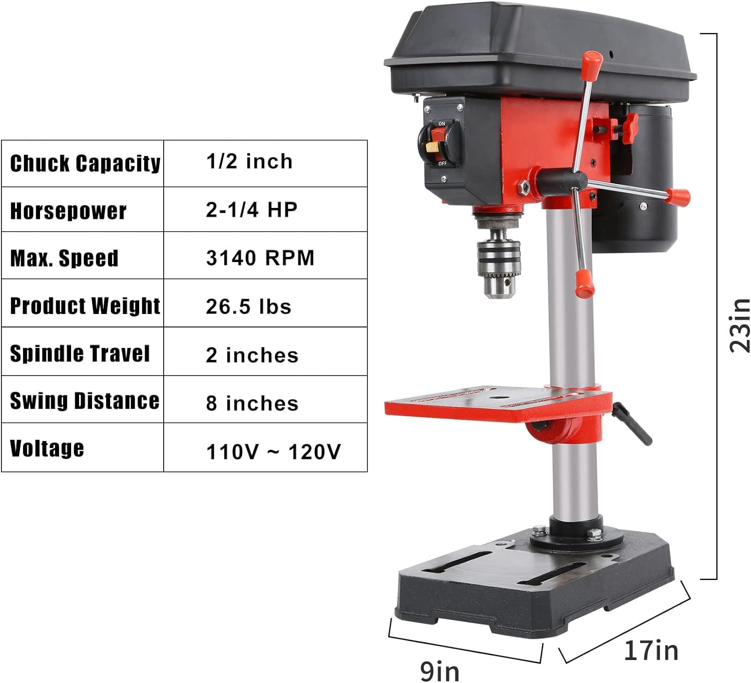 DAJYAWON 8 in Benchtop Drill Press, 5-Speed Bench Drill Press with Beveling Worktable, 3-Amp 120V Tabletop Drilling Machine for Wood/Plastic/Metal, 2-inch Spindle Travel, 8-inch Swing Distanc - WoodArtSupply