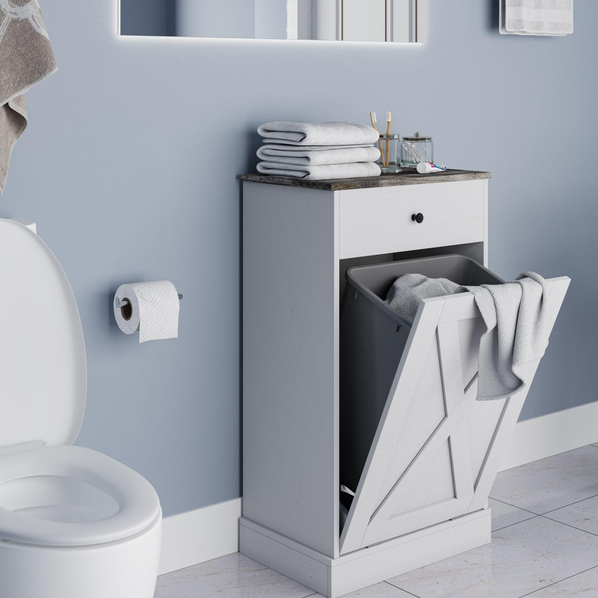 Bocarali Tilt Out Trash Cabinet, 10 Gallon Wood Free Standing Laundry Sorter Trash Can with Drawer, Kitchen Garbage Can Recycling Bin Cabinet for Living Room Bathroom, White Bocarali