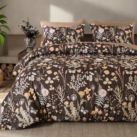 Yiran Brown Comforter Set King Size, 7 Piece Floral Comforter Bedding Set, Farmhouse Bed in a Bag, Soft Microfiber Complete Bedding Set with Sheets for All Season Yiran