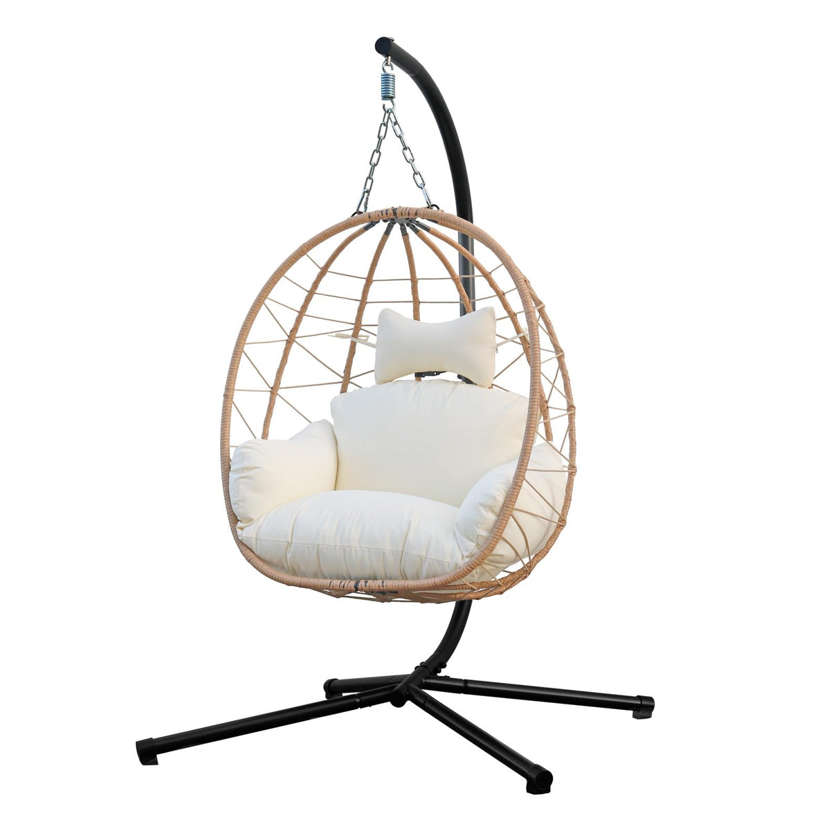 Egg Chair with Stand, Uv-Proof Pe Wicker Hanging Chair for Outdoor Patio, Cushioned Hammock Swing for Bedroom Garden Indoor/Outdoor, Double-Zipper Structure Hanging Egg Chair (Yellow and White) VERASCOT