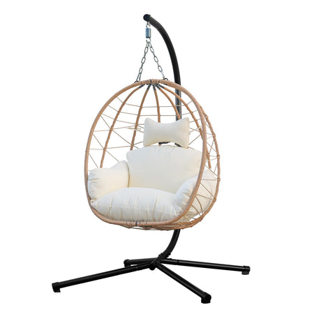 Egg Chair with Stand, Uv-Proof Pe Wicker Hanging Chair for Outdoor Patio, Cushioned Hammock Swing for Bedroom Garden Indoor/Outdoor, Double-Zipper Structure Hanging Egg Chair (Yellow and White) VERASCOT