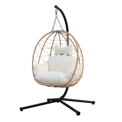 Egg Chair with Stand, Uv-Proof Pe Wicker Hanging Chair for Outdoor Patio, Cushioned Hammock Swing for Bedroom Garden Indoor/Outdoor, Double-Zipper Structure Hanging Egg Chair (Yellow and White)