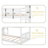 Montessori Floor Bunk Bed Twin Over Twin, Twin Bunk Bed with Slide and Ladder, Kids Bunk Beds with Guardrail Headboard and Footboard, Low Bunk Beds for Kids, Boys, Girls, Twin Bunk Bed White Bellemave