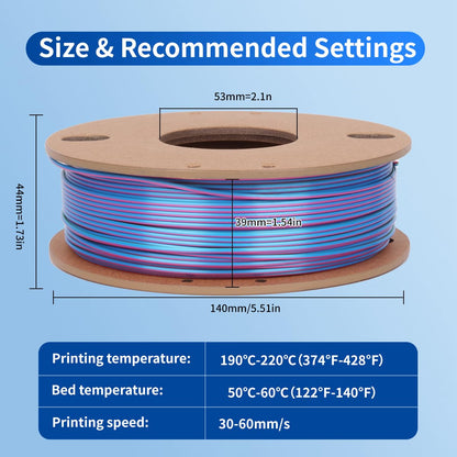 ZEBOT Tri-color PLA 3D Printer Filament,1.75mm Silk Shiny Multi color 3D PLA Printing Filament,250g(0.55lbs),Dimensional Accuracy +/- 0.03mm Fit Most FDM Printer (250g(0.55lbs)Rose Red+Sky Bl - WoodArtSupply