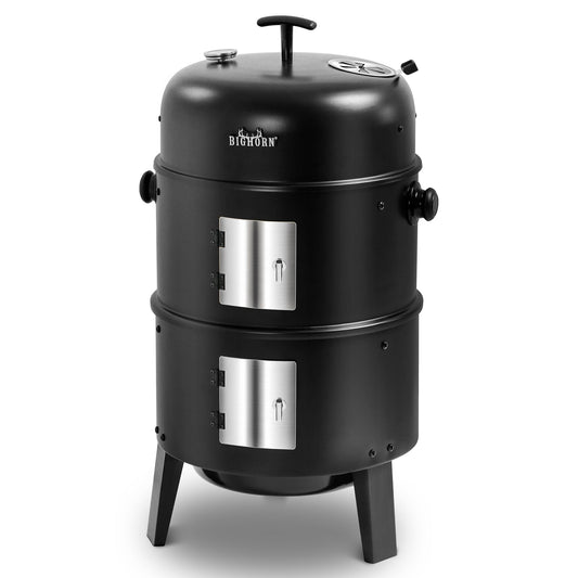 BIG HORN OUTDOORS 16 inch Charcoal Smoker, Vertical BBQ Grill, Heavy Duty 4 In 1 Fire Pit with Built-in Thermometer & Adjustable Vent System for Backyard Patio Camping