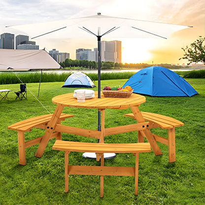 Ufurpie 6 Person Round Picnic Table,Outdoor Wooden Round Picnic Tables w/3 Built-in Benches,Umbrella Hole,Outside Table and Bench Set for - WoodArtSupply