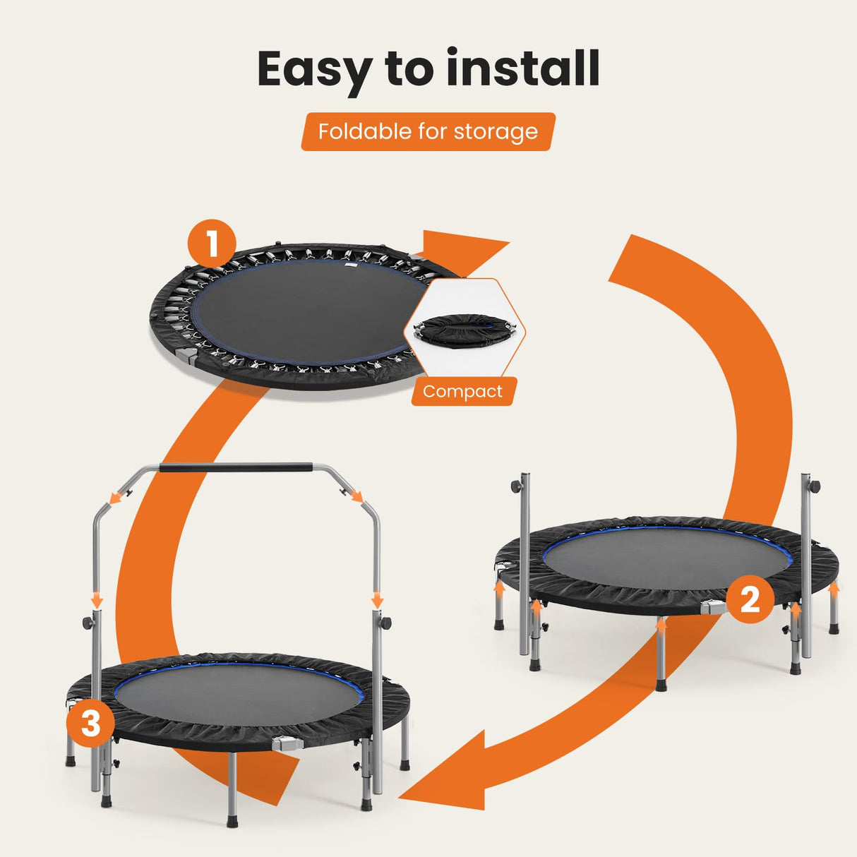 Sweetcrispy 40" in/48 in Mini Fitness Trampoline - 330LBS Foldable Exercise Rebounder with Adjustable Handle, Stable and Quiet, for Adults Indoor/Outdoor Workout Sweetcrispy