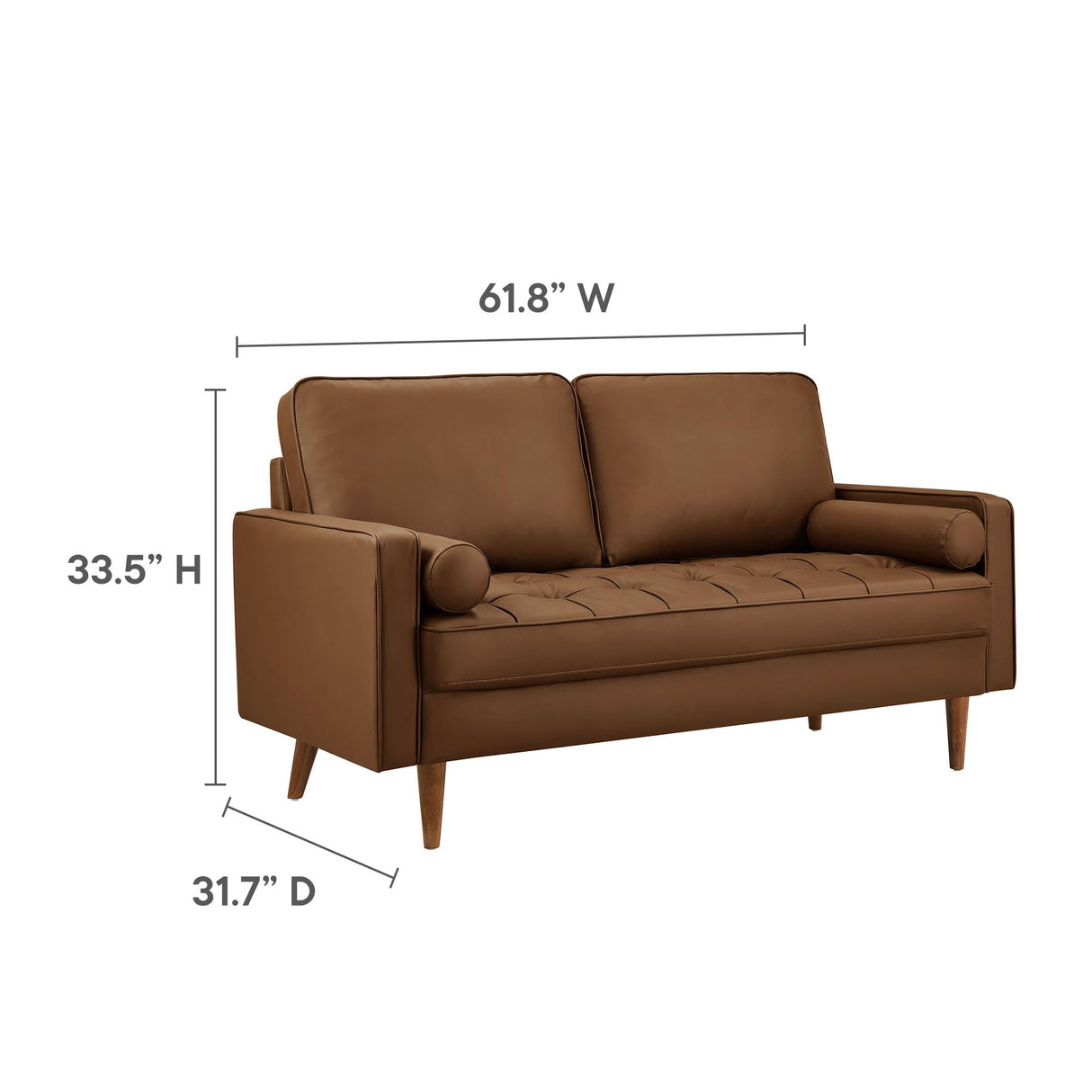 Modway Valour 62 Inch Faux Leather Loveseat in Brown – Wide Faux Leather Loveseat Sofa with Wood Legs - Small 2-Seater Sofa with Tufted Seat for Living Room or Office Modway