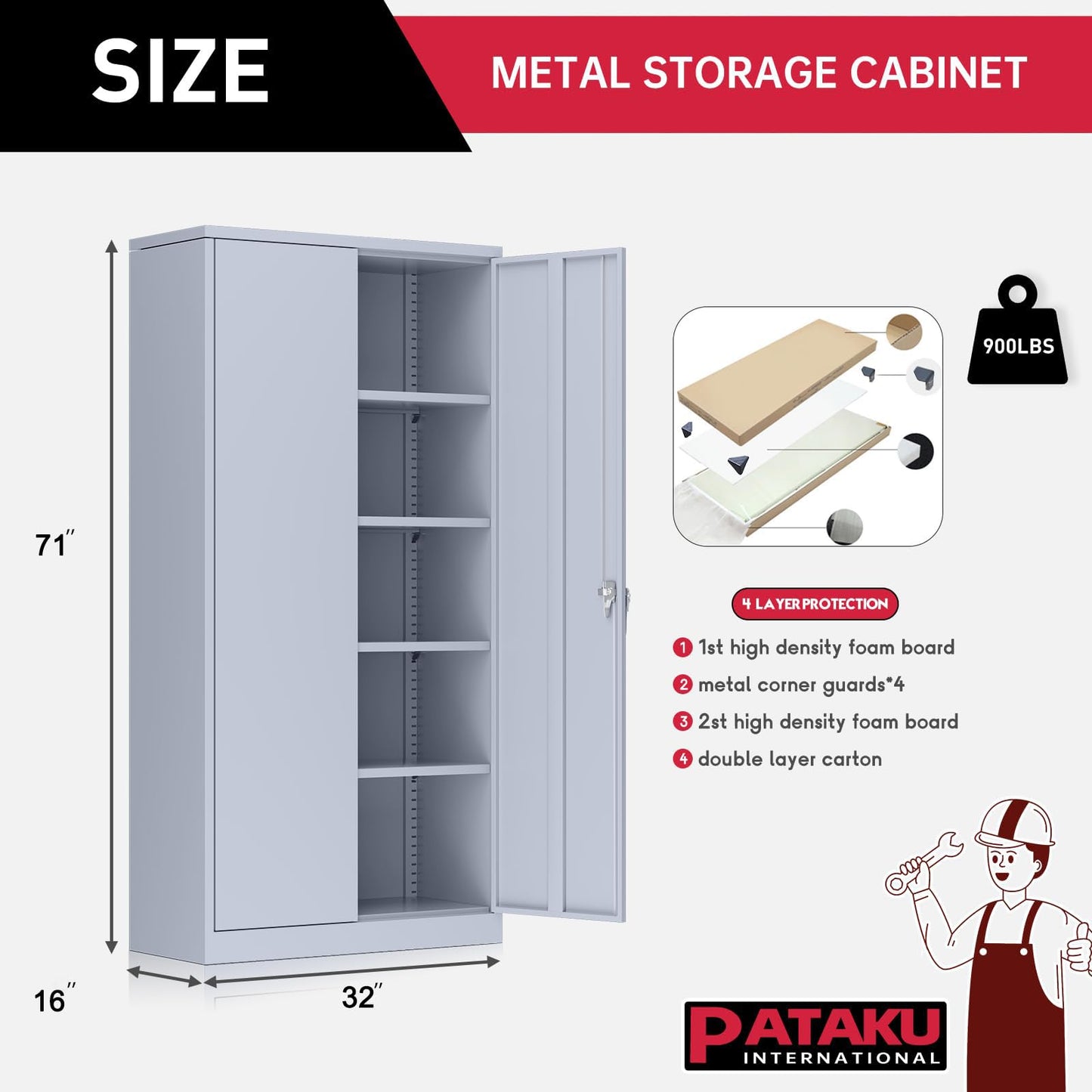 Pataku Garage Storage Cabinet, Grey Metal Cabinet with Locking Doors and Shelves, 71" Steel Tool Cabinet for Home, Office, Basement