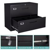 MIIIKO Lateral File Cabinet 2 Drawer, Black Metal File Cabinet with Lock, 35.4" Wide Drawers Storage File Cabinet for Hanging Files Folders Letter/Legal/A4 Size MIIIKO