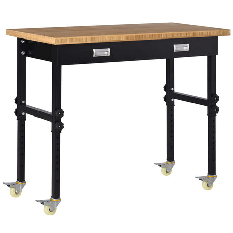 HOMCOM 47" Work Bench with Drawer, Height Adjustable Legs, Bamboo Tabletop Workstation Tool Table on Wheels for Garage, Weight Capacity 1320 Lbs, Black/Natural HOMCOM