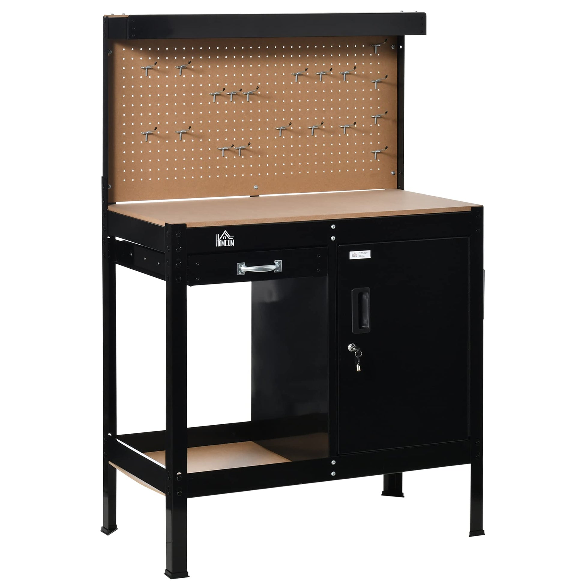 HOMCOM Multipurpose Workbench, Workshop Tool Table with Slide Drawer. Peg Board, Storage Cabinet with Keys - WoodArtSupply