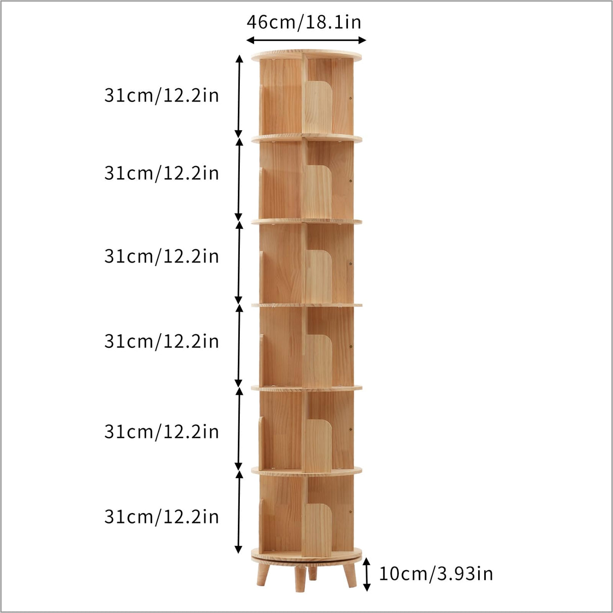 Gdrasuya10 360° Rotating Tall Bookshelf - 6 Tier Solid Wood Bookcase Organizer for Any Room Gdrasuya10