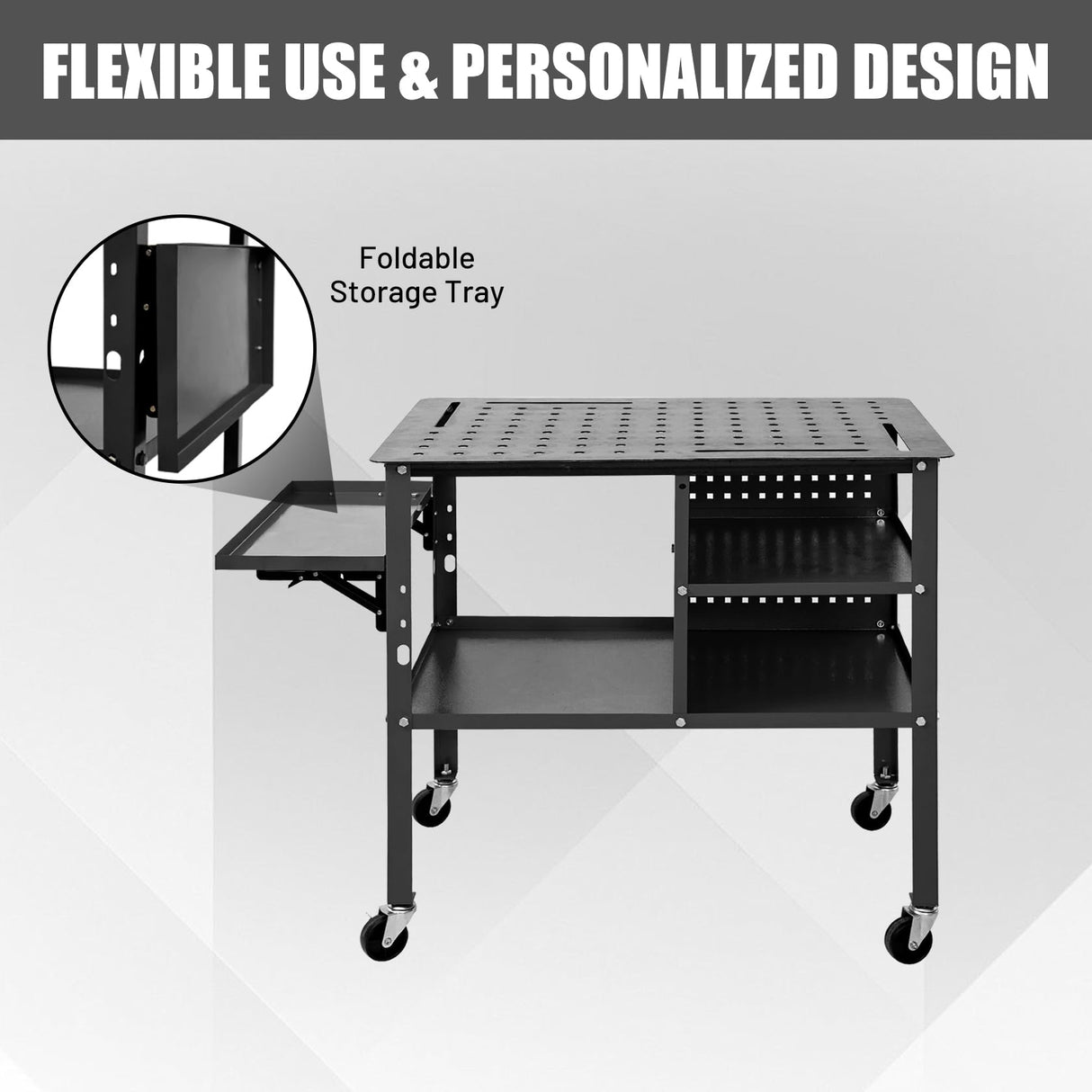 Hymula Welding Table 36" X 24", 1200 lbs Load Capacity Welding Work Bench on Wheels, Steel Work Table with Adjustable Shelves, Portable Workbench with Foldable Tray, Welding Cart for Welding Sawing Hymula
