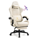 GTPLAYER Gaming Chair, Computer Chair with Footrest and Bluetooth Speakers, High Back Ergonomic Gaming Chair, Reclining Gaming Chair with Linkage Armrests for Adults by GTRacing (Leather, Ivory) GTPLAYER